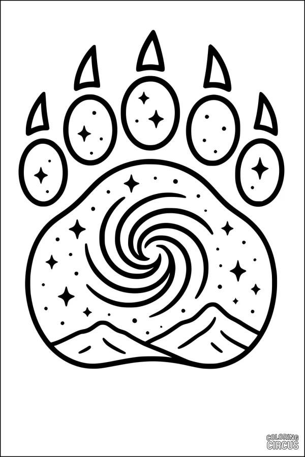 Coloring page featuring a stylized bear paw print filled with a swirling galaxy, stars, and mountain landscape.