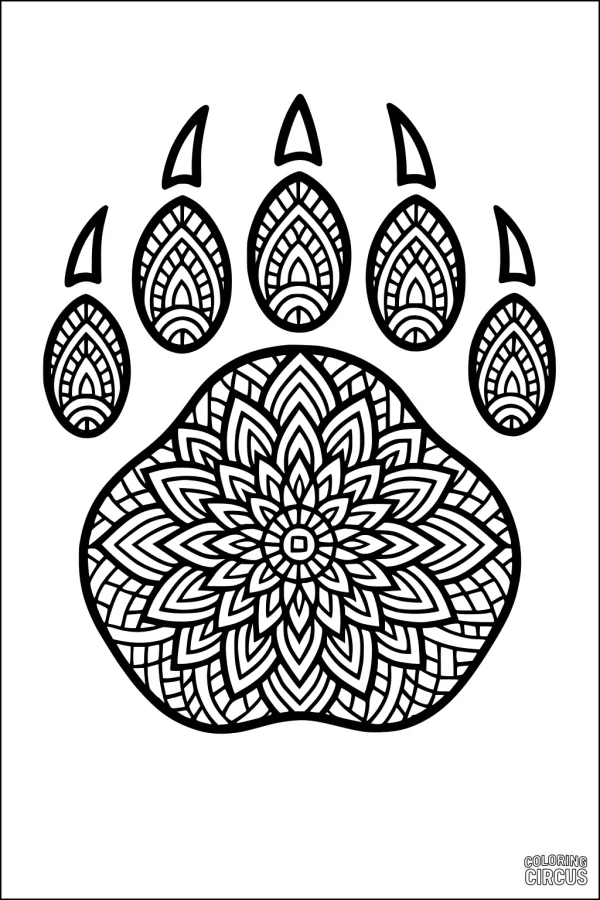 Coloring page with an intricate bear paw mandala, featuring detailed symmetrical patterns inside the paw and claws.