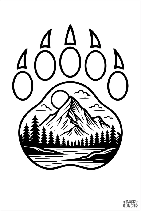 Coloring page of detailed bear paw print with scenic mountain, river, and pine forest inside