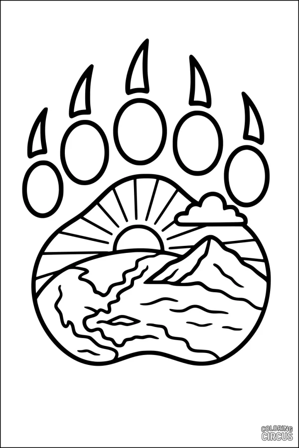 Coloring page of a bear paw print featuring a mountain landscape, river, sun, and clouds inside
