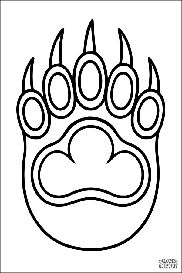 Coloring page of a large bear paw print with claws, suitable for young children