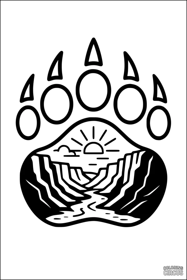 Coloring page bear paw print with sunrise, river and canyon landscape inside