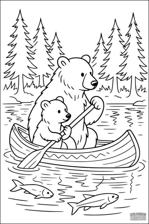 Coloring page bears in boat paddling on river with trees and fish