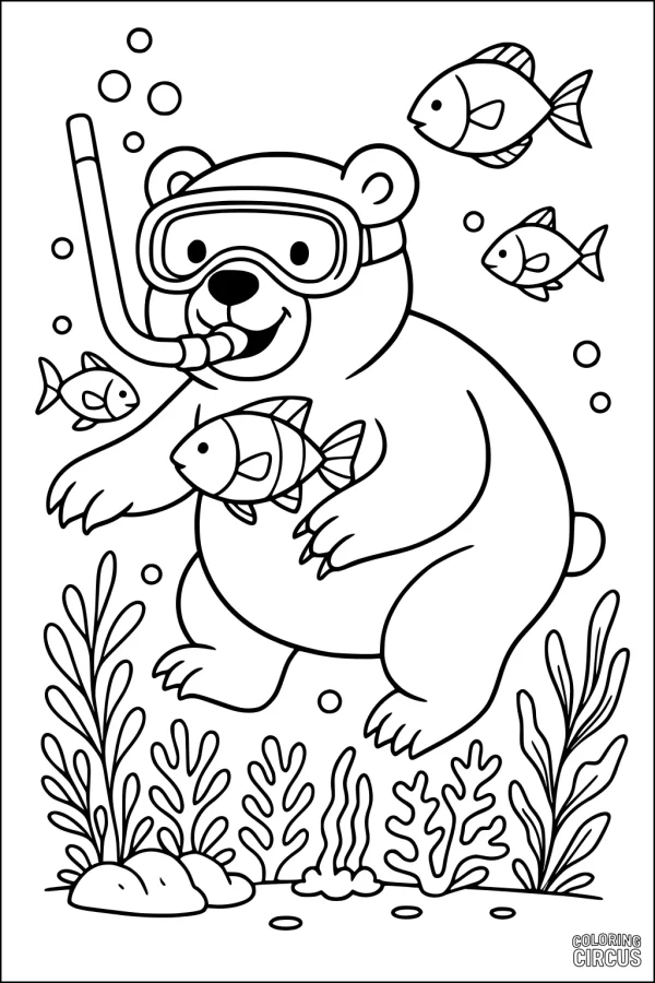Coloring page bear snorkeling underwater with fish