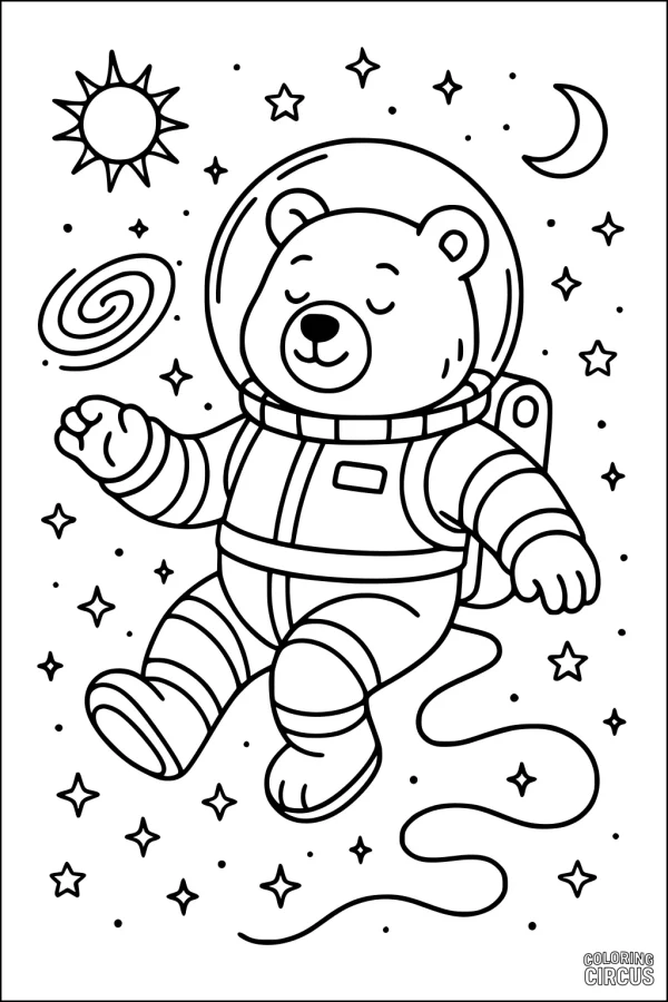 Coloring page of a cute bear astronaut floating in outer space with stars, moon, sun, and a spiral galaxy