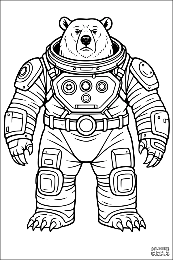 Coloring page of a bear wearing a detailed spacesuit
