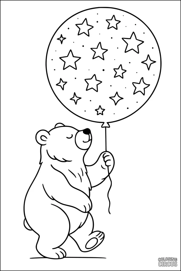 Coloring page with a smiling bear holding a star-patterned balloon, suitable for young children