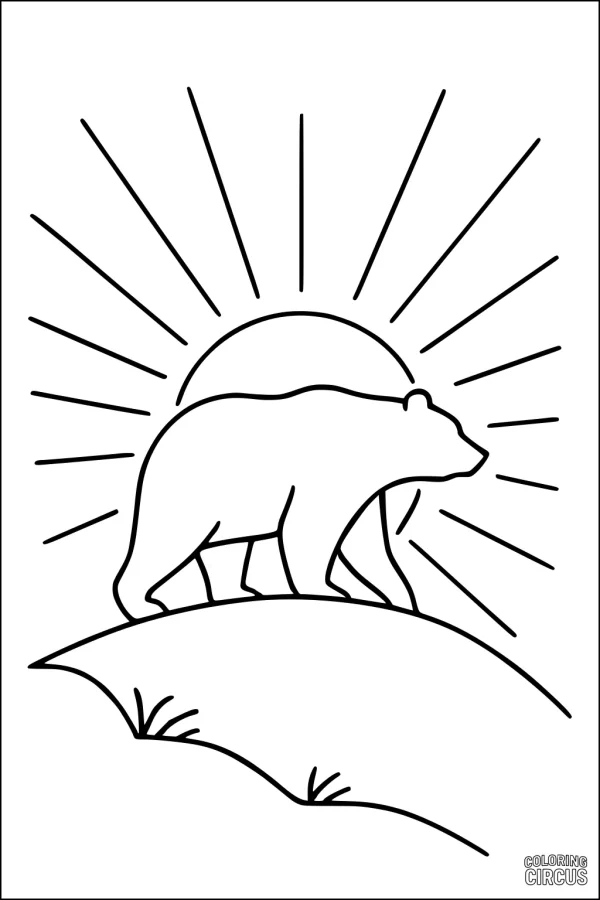 Coloring page of a bear walking on a hill with sunrise rays in the background