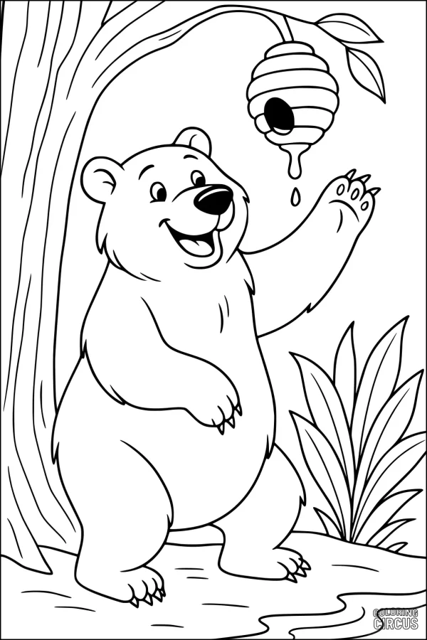Coloring page showing a cute bear reaching for honeycomb in a forest