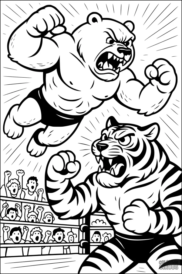 Coloring page of a muscular bear wrestling a fierce tiger with cheering crowd