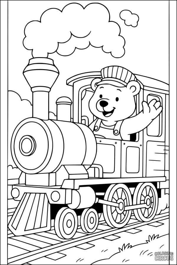 Coloring page featuring a cartoon bear as a train engineer waving from a steam locomotive