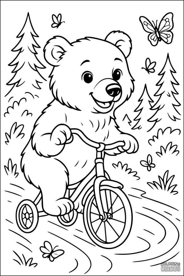Coloring page of a cute bear riding a tricycle through a forest with butterflies and pine trees