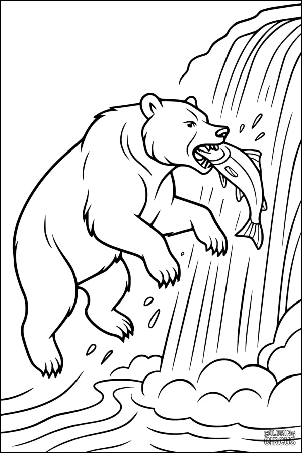 Coloring page of a bear catching a fish at a waterfall with splashing water details