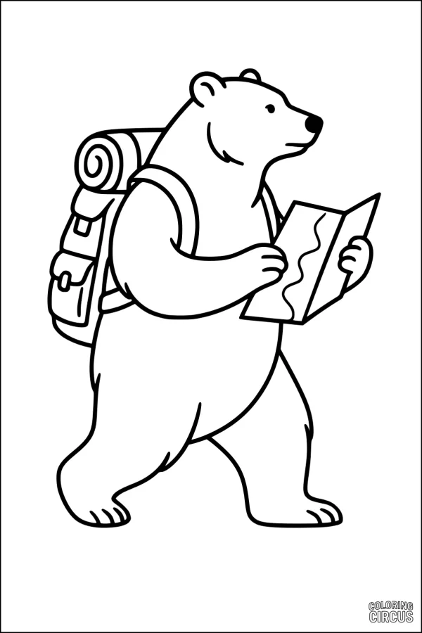 Coloring page of a bear carrying a backpack and holding a map