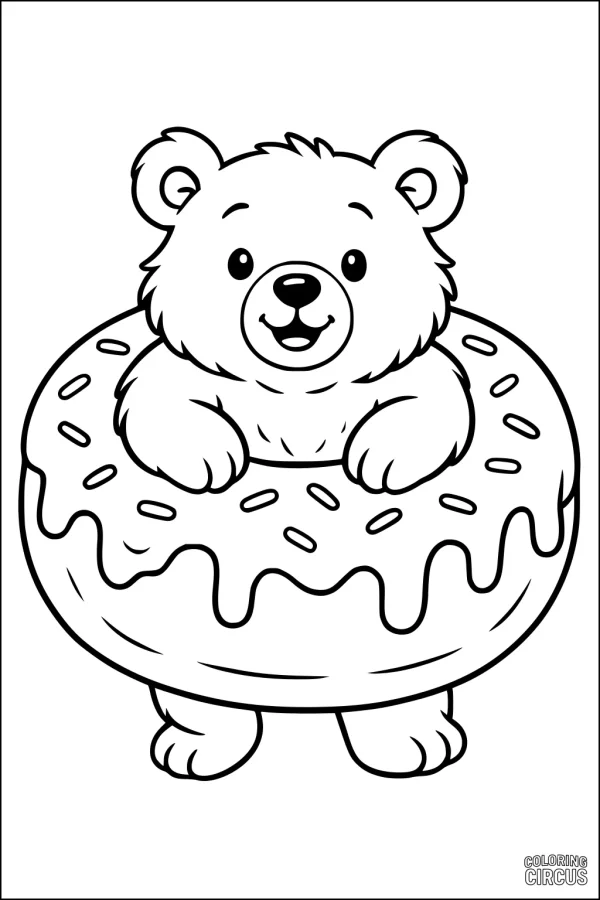 Coloring page of a cute bear sitting inside a big sprinkled donut, perfect for children
