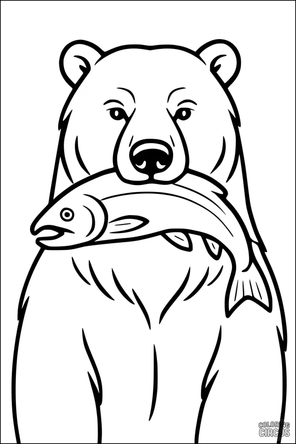 Coloring page with a friendly bear holding a fish in its mouth, simple cartoon style.