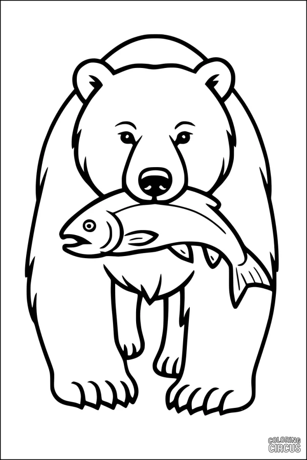 Coloring page showing a bear holding a fish in its mouth