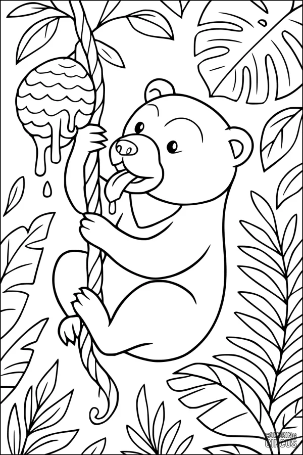 Coloring page of a bear licking honey from a beehive in the jungle, surrounded by big leaves