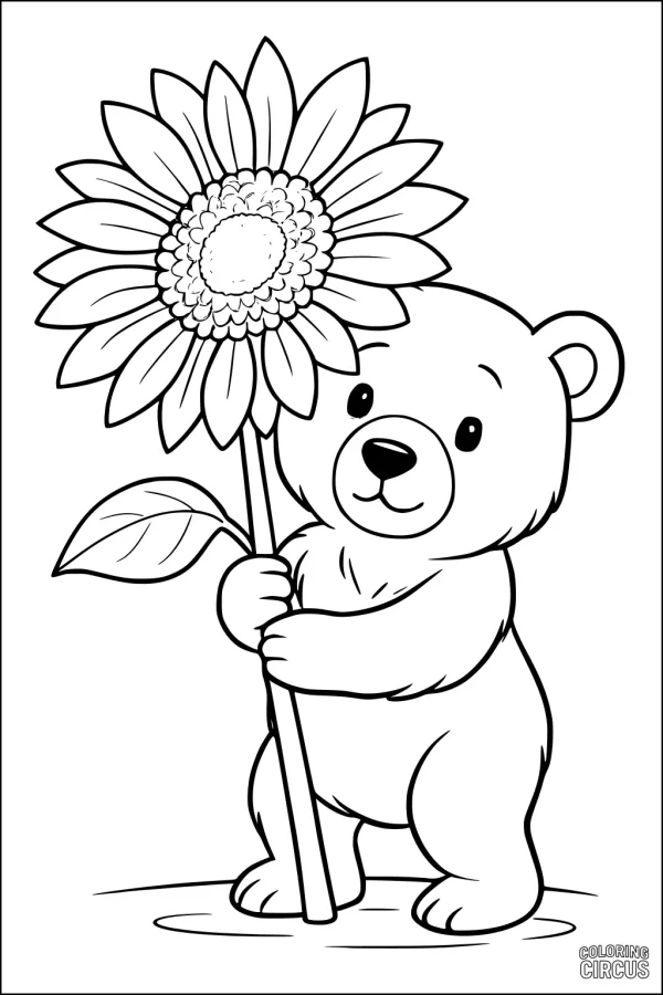 Coloring page featuring a cute bear holding a large sunflower