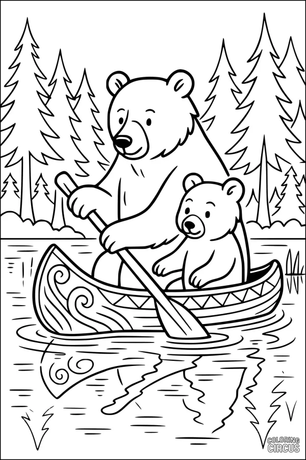 Coloring page featuring a bear and cub paddling a canoe on a forest river