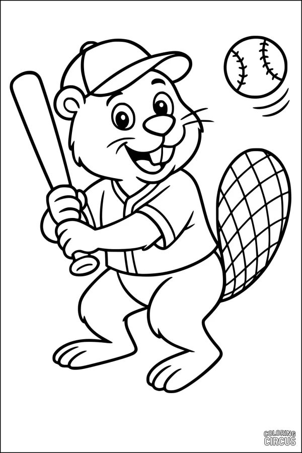 Coloring page of a cheerful beaver in a baseball outfit swinging a bat at a ball