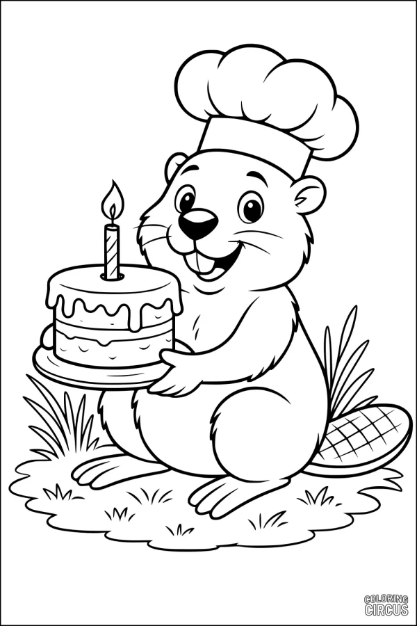Coloring page featuring a cute beaver in a chef hat holding a birthday cake with one candle, sitting on grass