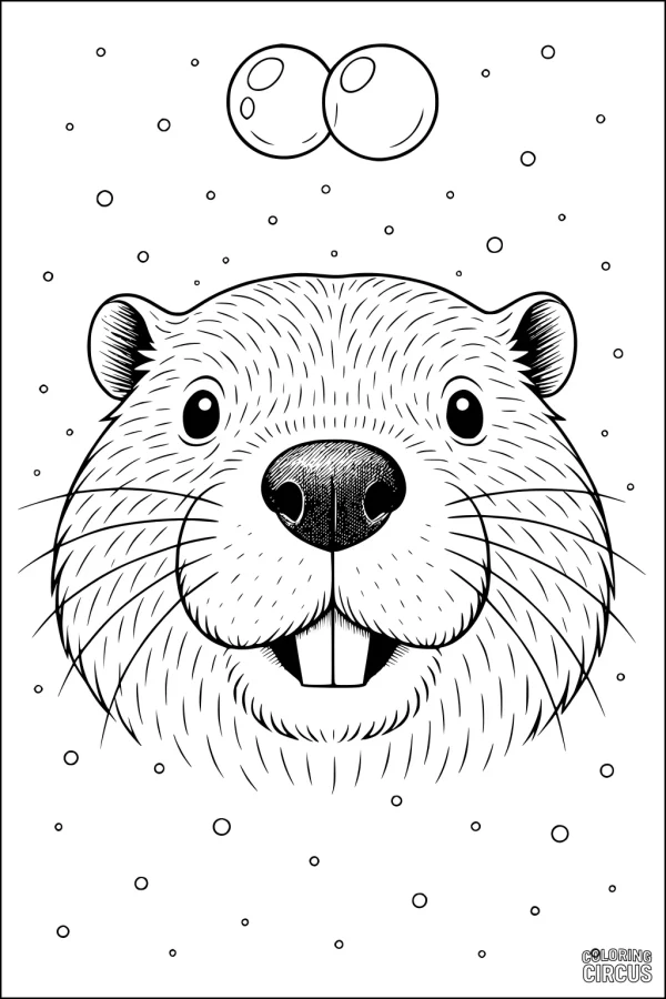 Coloring page featuring a smiling beaver face with bubbles and simple background