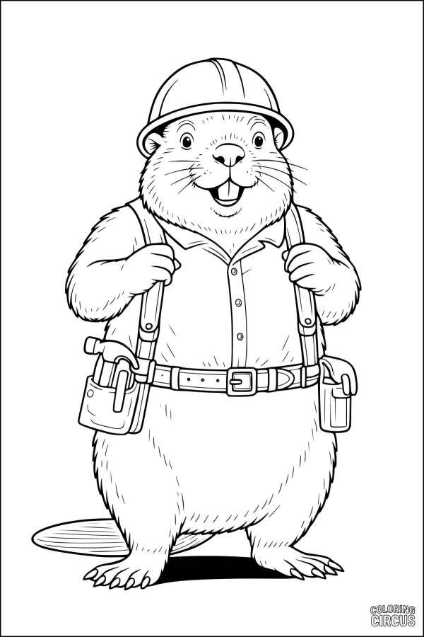 Coloring page of a friendly cartoon beaver wearing a builder's helmet and tool belt, ready for work