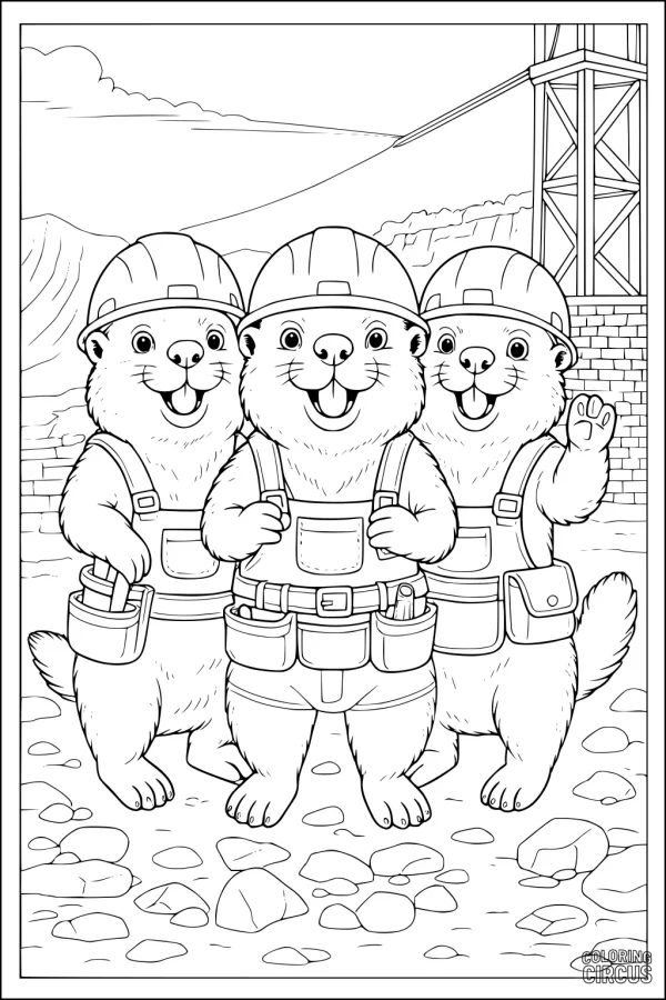 Coloring page featuring three cartoon beavers wearing hard hats and tool belts at a construction site by a river