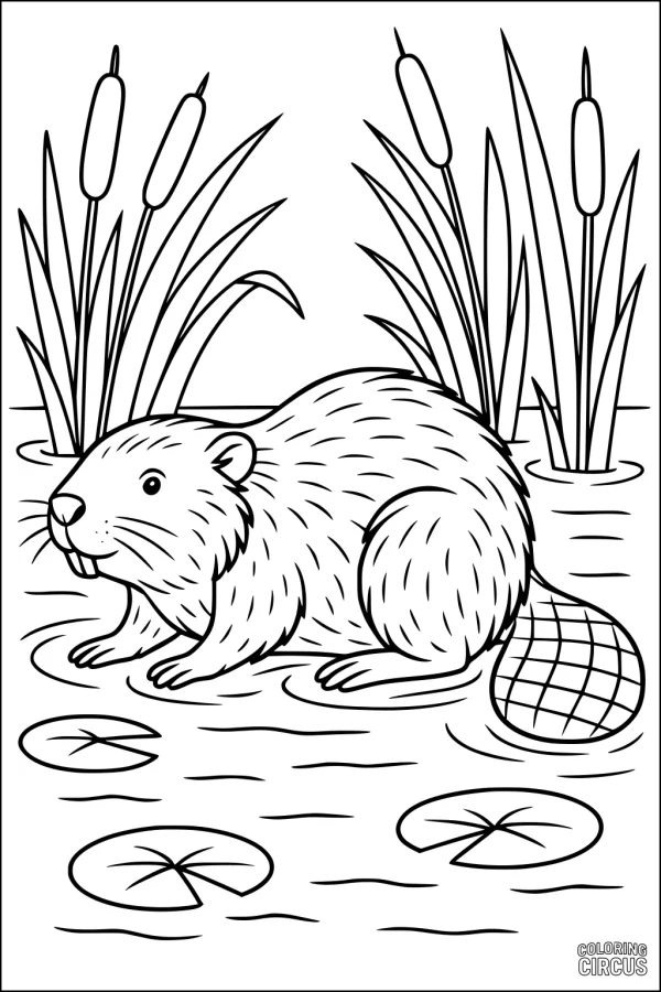 Coloring page showing a friendly beaver sitting by a pond with cattails and lily pads
