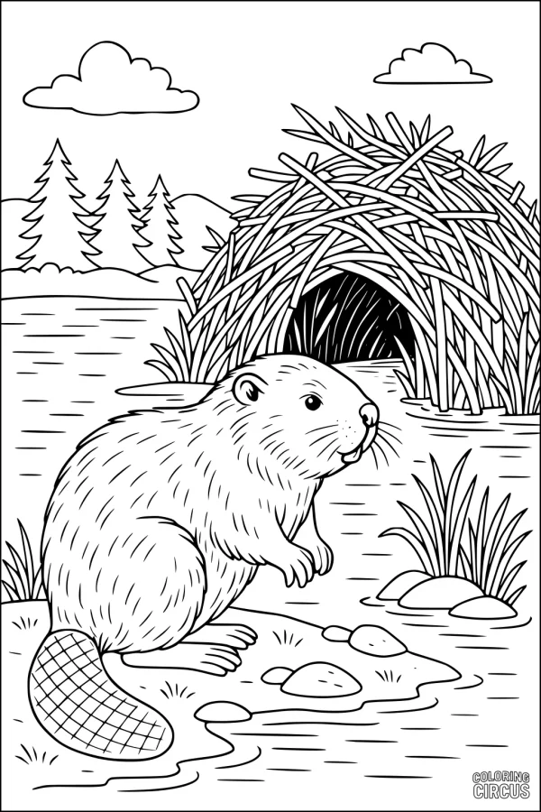 Coloring page featuring a beaver near its riverbank lodge with water, grass, rocks, and trees in the background.