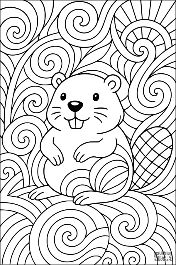 Coloring page with a cartoon beaver sitting amid swirling river patterns and decorative background
