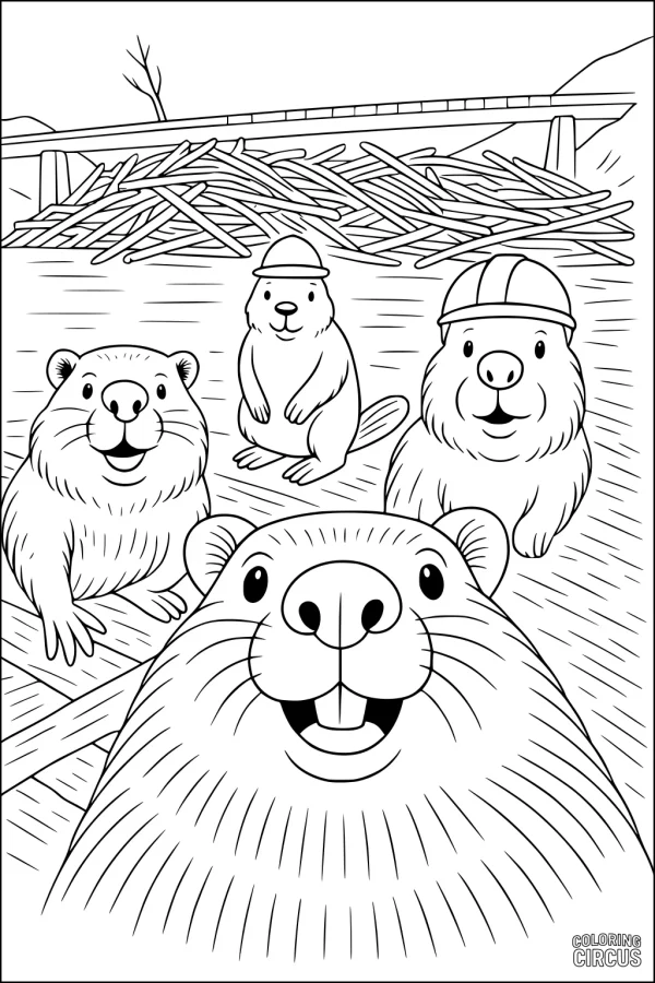 Coloring page with four cheerful cartoon beavers posing for a selfie in front of a wooden dam and river background.