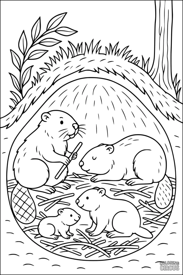 Coloring page showing a beaver family inside their stick lodge in nature