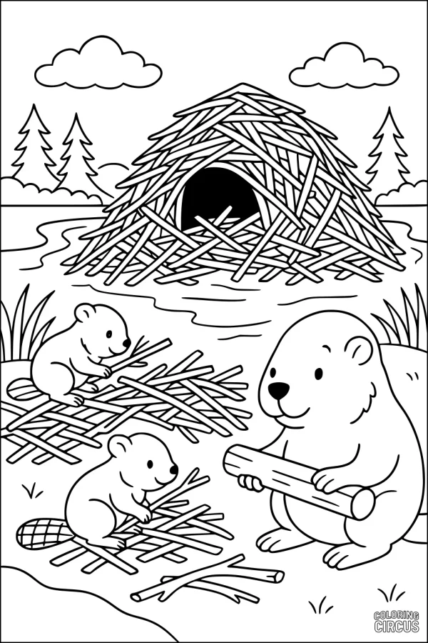 Coloring page with a family of beavers building a stick lodge near a riverbank