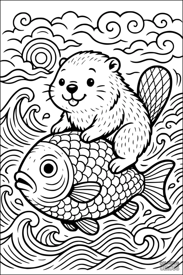 Coloring page of a cute beaver riding on a fish through wavy water under a cloudy sky