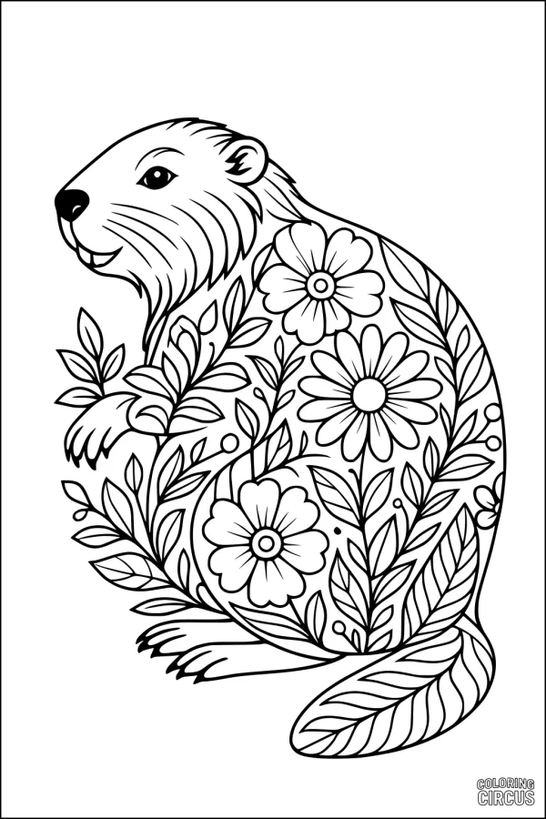 Coloring page featuring a beaver with floral and leafy patterns on its body
