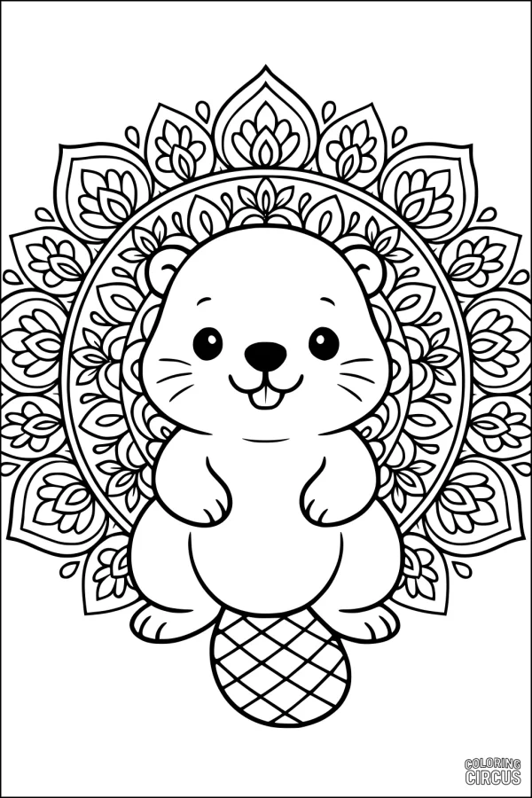 Coloring page featuring a cute beaver with a floral mandala background, suitable for children