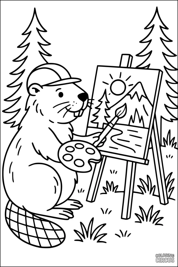Coloring page of a cheerful beaver painting a forest landscape on an easel