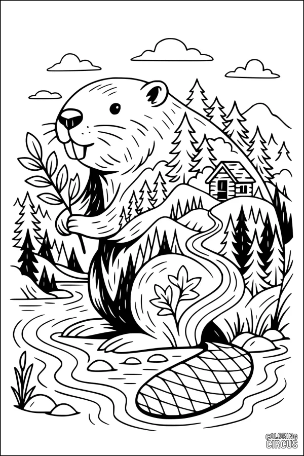 Coloring page showing a cheerful beaver beside a forest cabin and winding river, surrounded by trees and mountains.