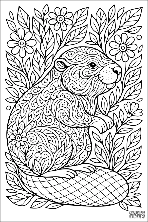 Coloring page featuring a detailed beaver surrounded by flowers and leafy plants with intricate patterns