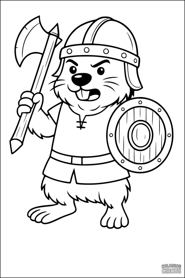 Coloring page of a cartoon beaver dressed as a medieval guard with helmet, shield, and axe