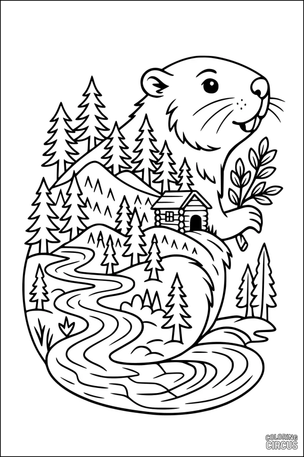 Coloring page featuring a beaver holding a branch in a forest with trees, a winding river, and a log cabin.