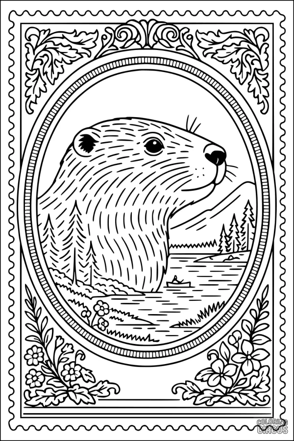 Coloring page featuring a beaver portrait framed by flowers and forest scenery with a lake and mountains