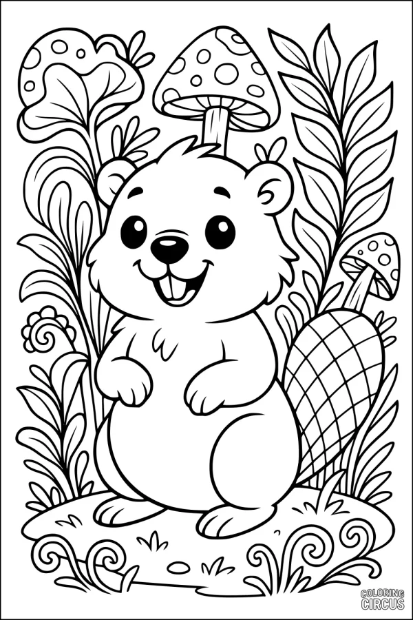 Coloring page featuring a cheerful beaver with mushrooms and leafy plants in a playful woodland setting