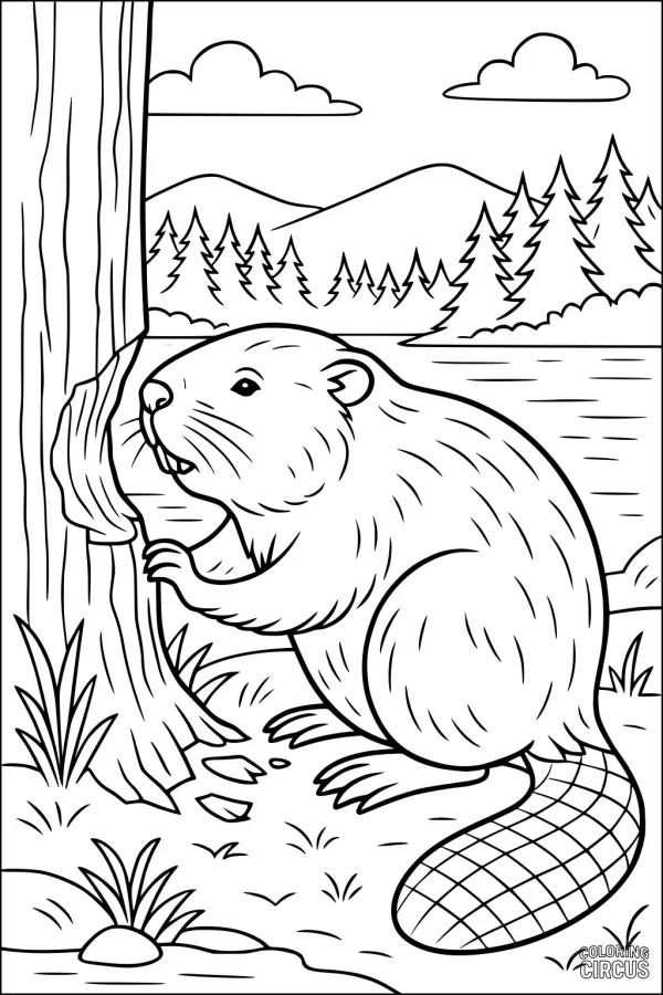 Coloring page of a beaver chewing a tree beside a forest river, with mountains and pine trees in the background
