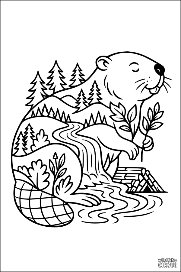Coloring page with a large beaver surrounded by trees, flowing stream, leaves, and a log lodge