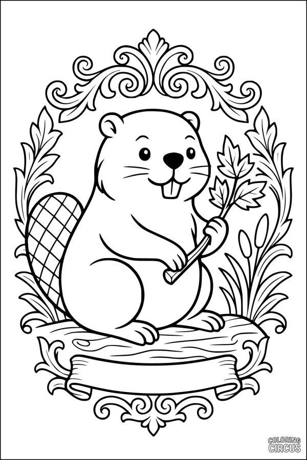 Coloring page of a cute beaver holding a branch, framed by ornate leaves and swirls