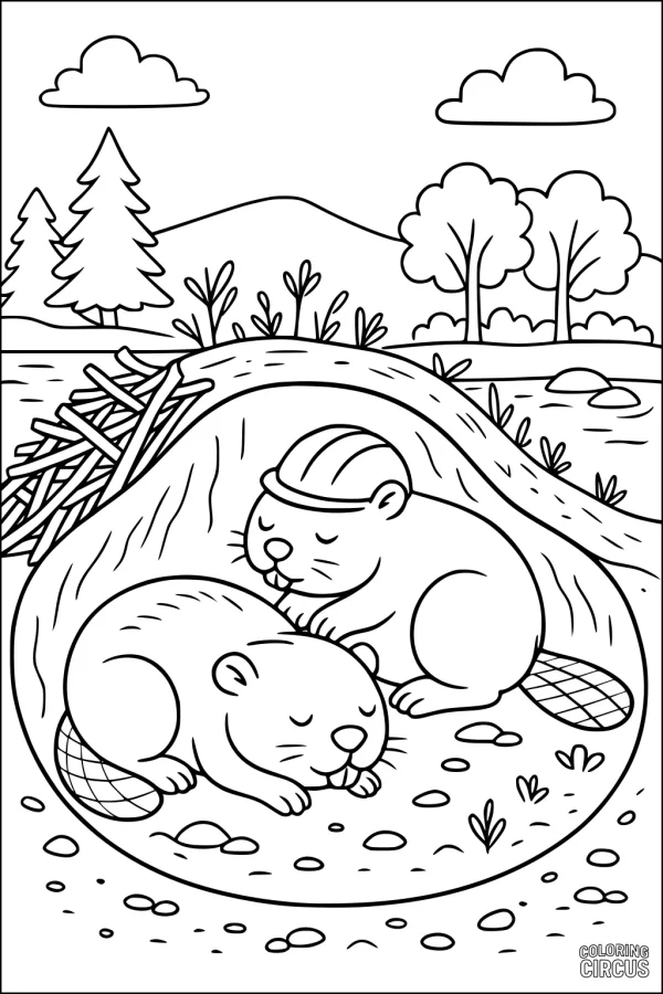 Coloring page with two beavers resting inside a lodge by a river, surrounded by trees, hills, and a beaver dam.