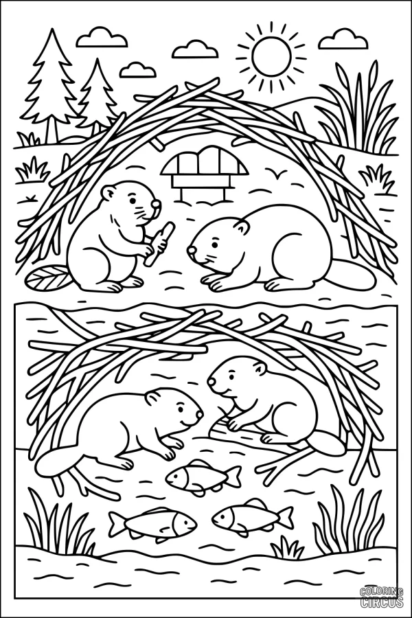 Coloring page showing two beavers building a lodge by the river with fish swimming below and trees in the background.